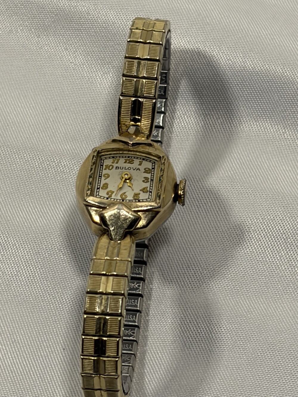 Vintage Bulova Ladies Art Deco Watch Gold Tone Engraved Case Running Works
